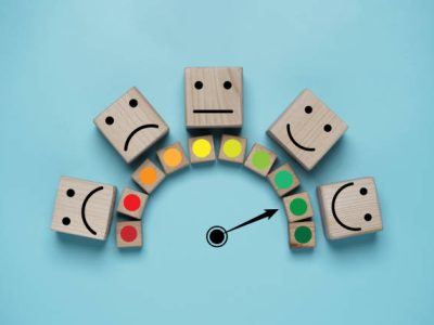 Customer evaluation indicator rating print screen wooden cube block since low to high on blue background for client satisfaction after use product and service  concept.